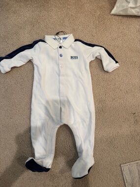 Hugo Boss White One-Piece Footie with Navy Trim